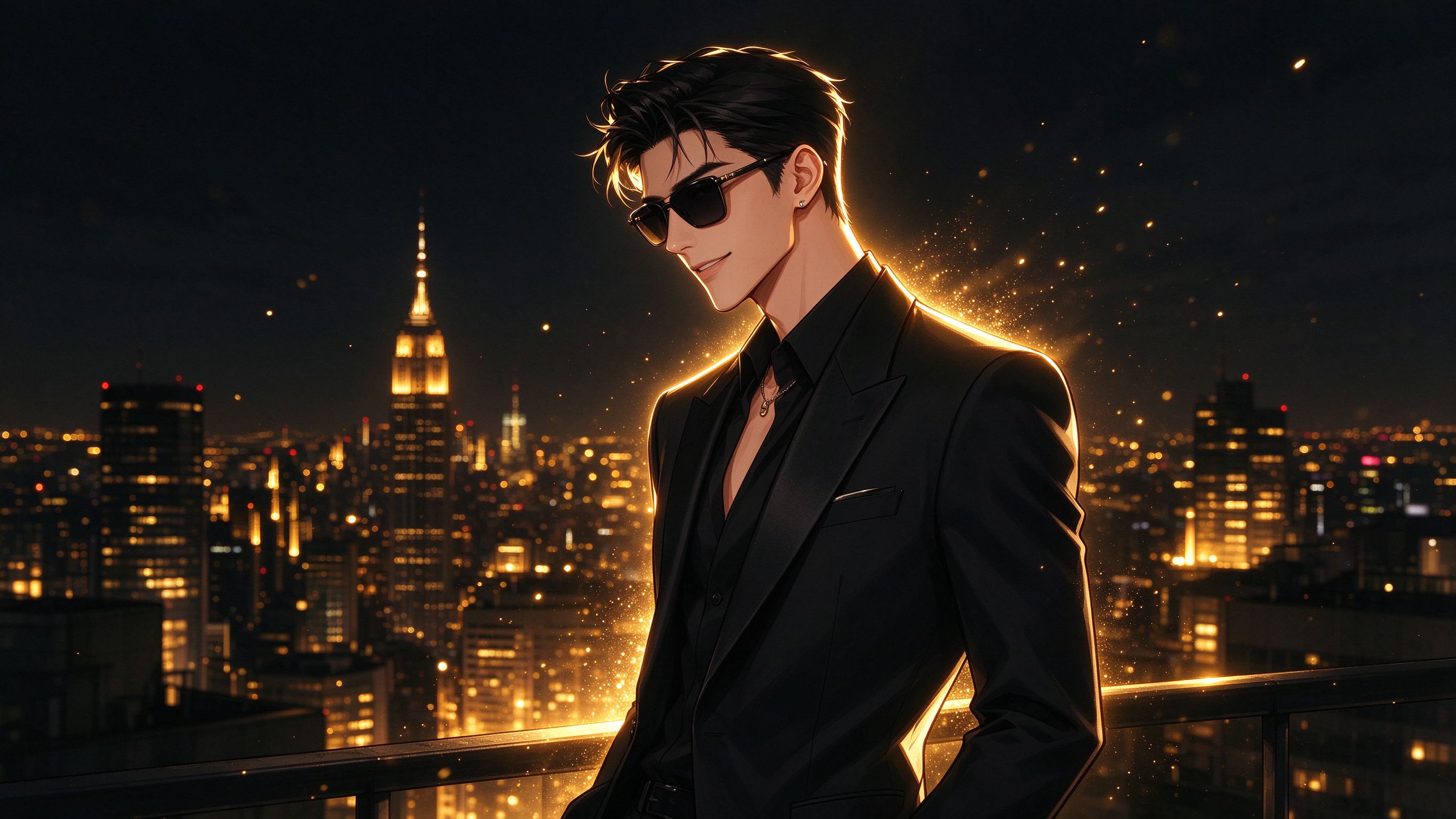 概念插画：城市夜景中，金色光尘环绕的黑色西装墨镜男子
