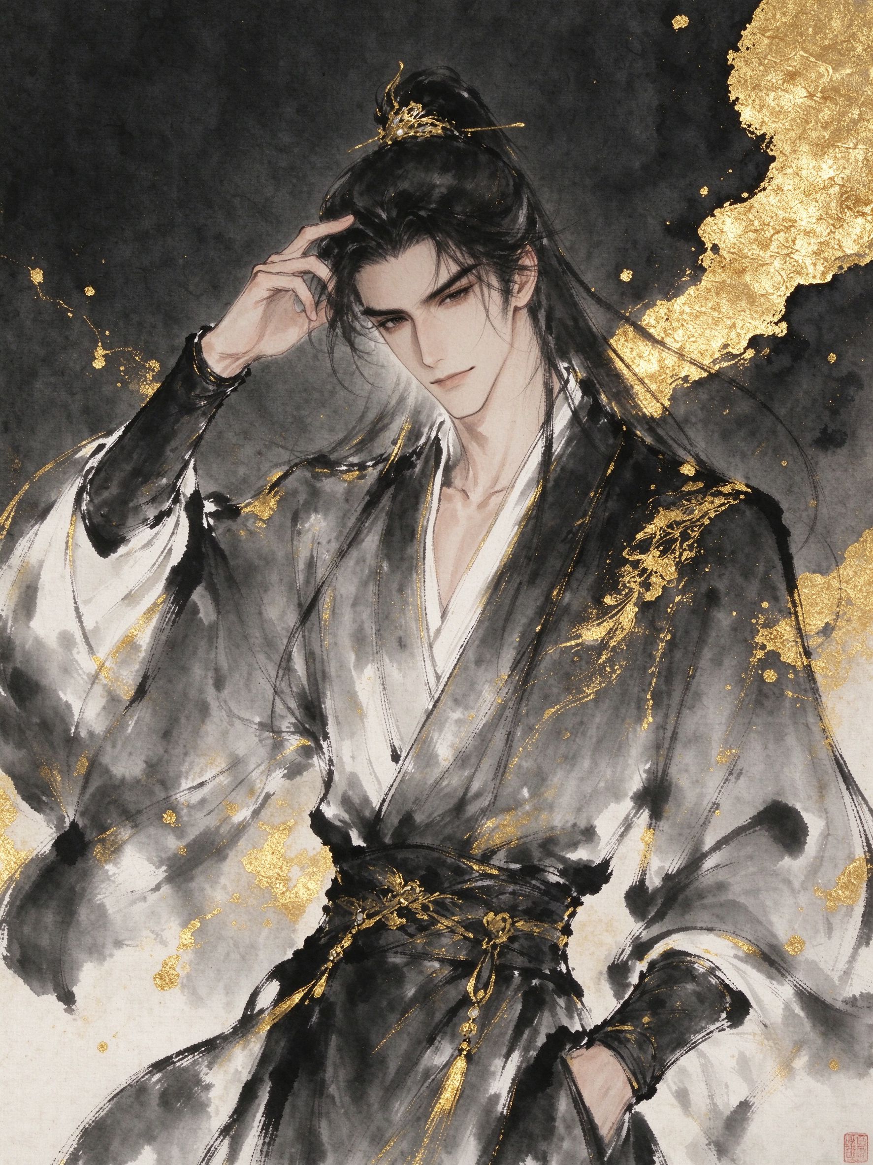 新中式水墨金箔风格概念插画：束发长袍的俊朗男子