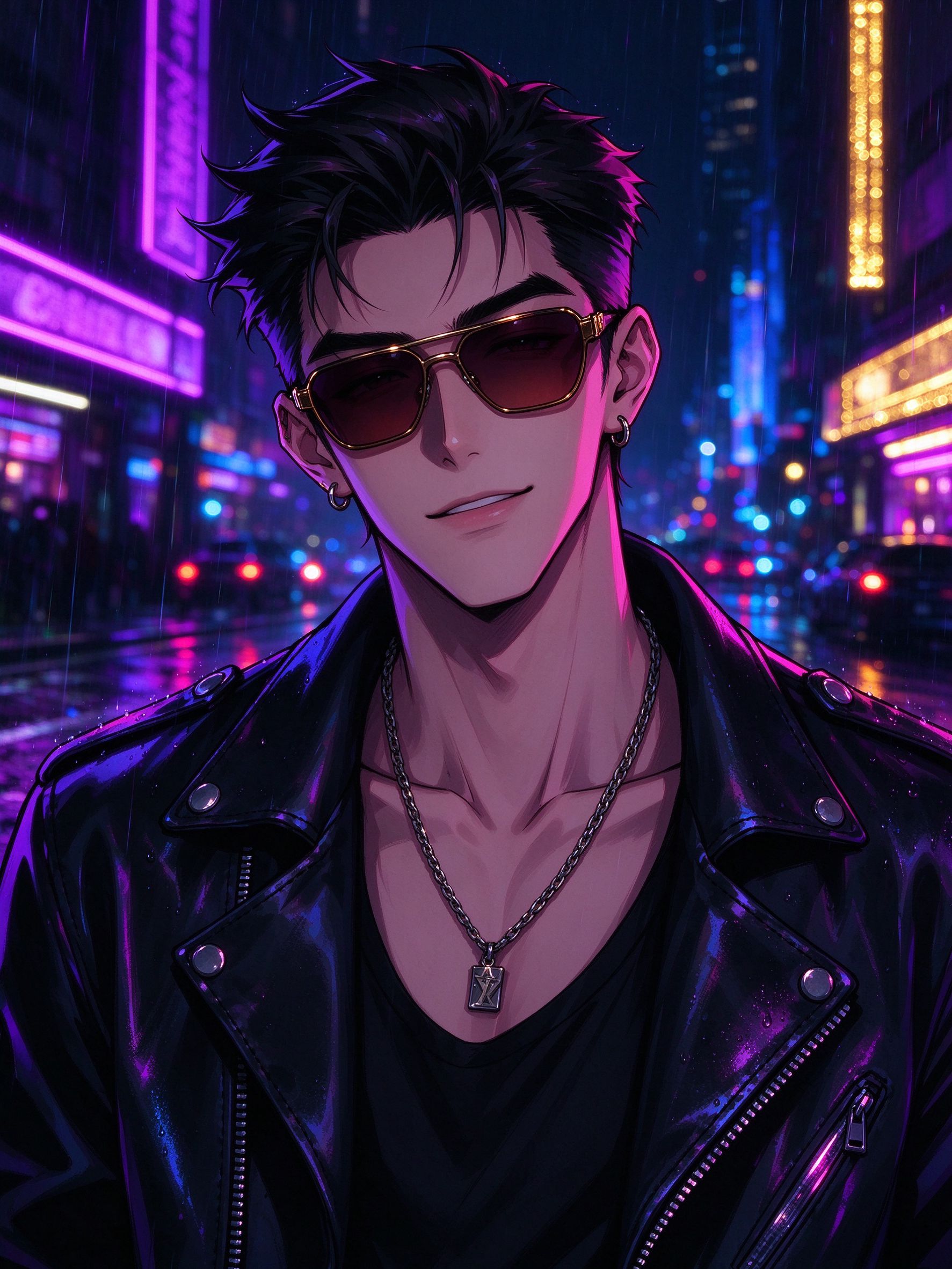 赛博朋克风格概念插画：雨夜霓虹中的墨镜男子